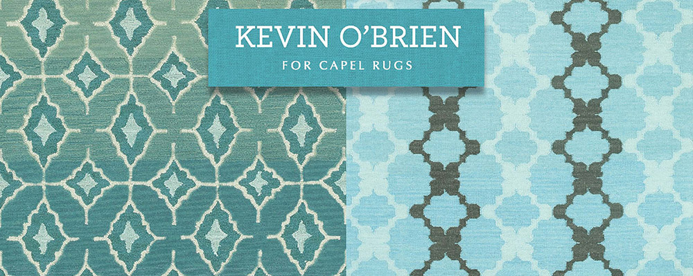 Rug Closeups - Right: Lisbon rug in azul.  Left: Riviera rug in blue brown